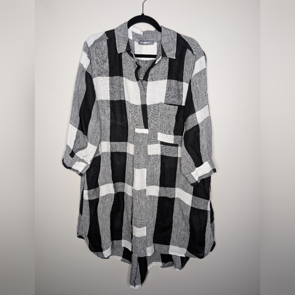 Alembika Black And White Plaid Tunic Mini Dress Linen L